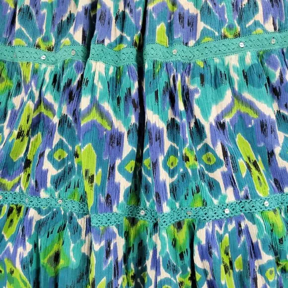 Vintage Notations A-line Skirt Womens L Blue Boho Watercolor Tiered Flowy Hippie - Picture 3 of 16